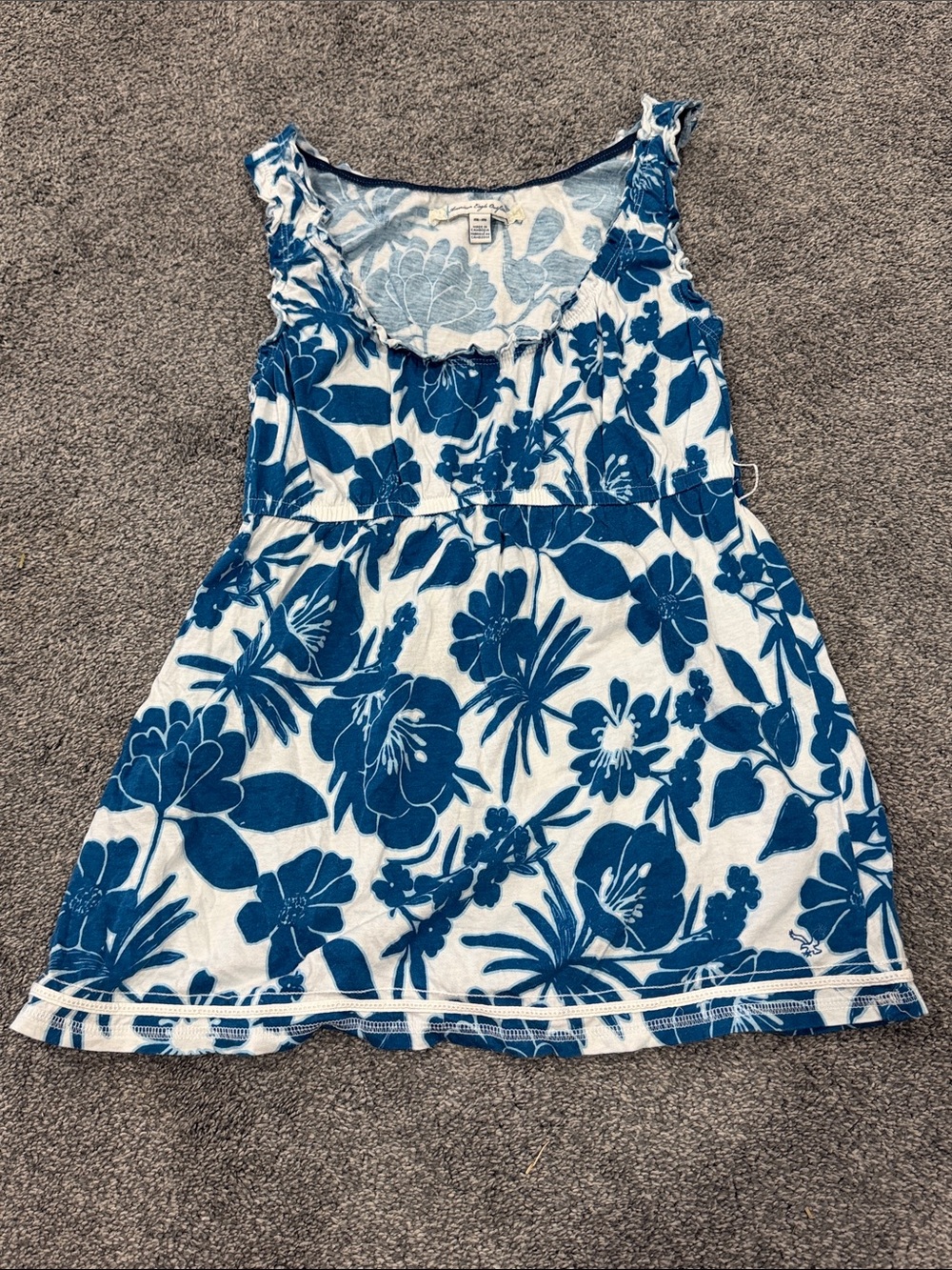 American Eagle Outfitters White Tank with Navy Trim and Blue Floral Design